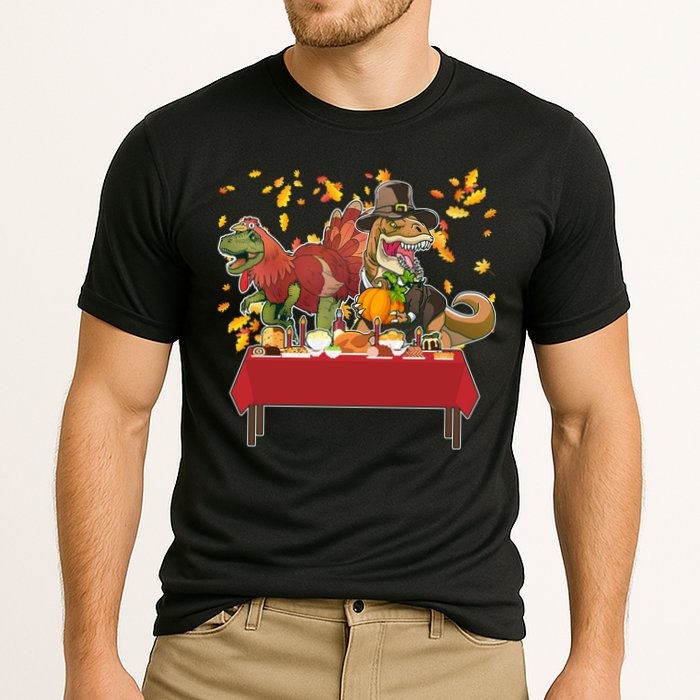 Turkey Pilgrim Dinosaurs T-Rex Funny Thanksgiving Cooling Performance Crew T-Shirt