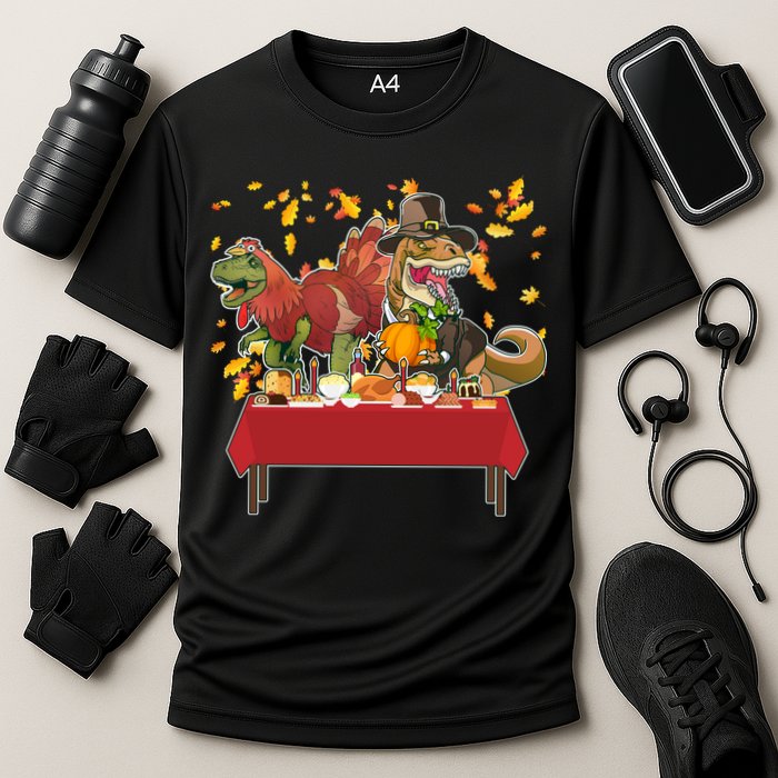 Turkey Pilgrim Dinosaurs T-Rex Funny Thanksgiving Cooling Performance Crew T-Shirt