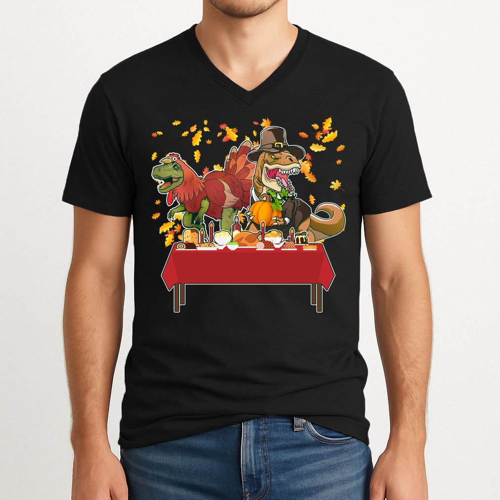 Turkey Pilgrim Dinosaurs T-Rex Funny Thanksgiving V-Neck T-Shirt