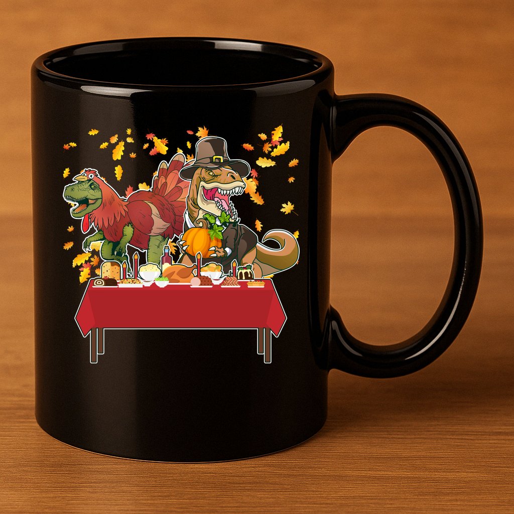 Turkey Pilgrim Dinosaurs T-Rex Funny Thanksgiving 11oz C Handle Ceramic Mug