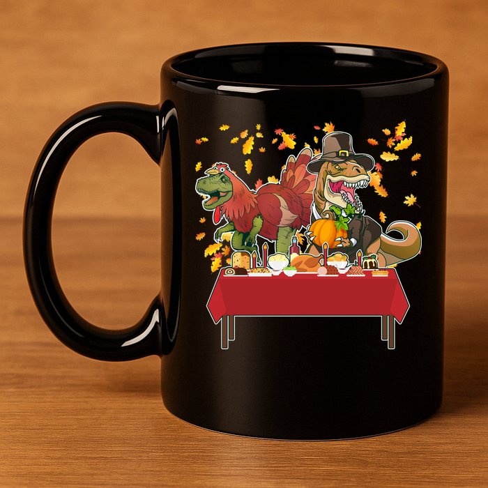 Turkey Pilgrim Dinosaurs T-Rex Funny Thanksgiving 11oz C Handle Ceramic Mug