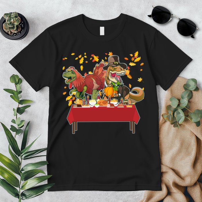 Turkey Pilgrim Dinosaurs T-Rex Funny Thanksgiving Premium T-Shirt