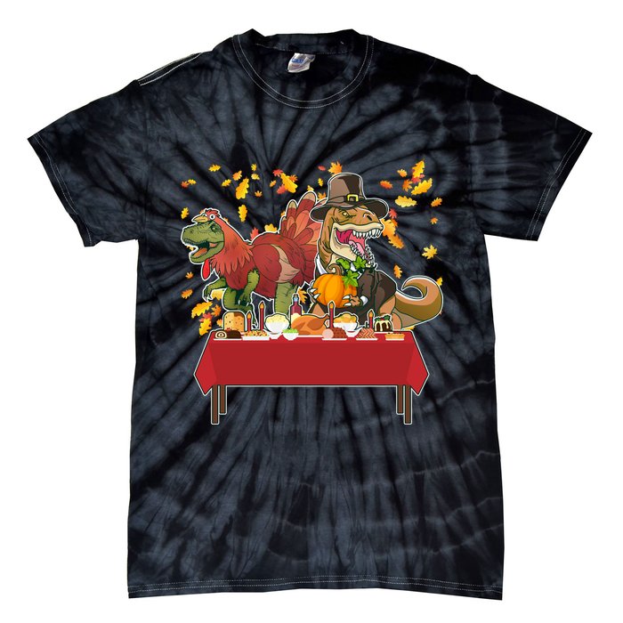 Turkey Pilgrim Dinosaurs T-Rex Funny Thanksgiving Tie-Dye T-Shirt