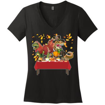 Turkey Pilgrim Dinosaurs T-Rex Funny Thanksgiving Women's V-Neck T-Shirt