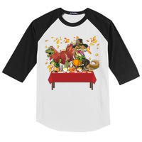 Turkey Pilgrim Dinosaurs T-Rex Funny Thanksgiving Kids Colorblock Raglan Jersey