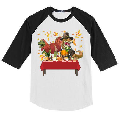 Turkey Pilgrim Dinosaurs T-Rex Funny Thanksgiving Kids Colorblock Raglan Jersey