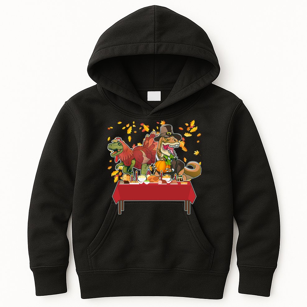 Turkey Pilgrim Dinosaurs T-Rex Funny Thanksgiving Kids Hoodie