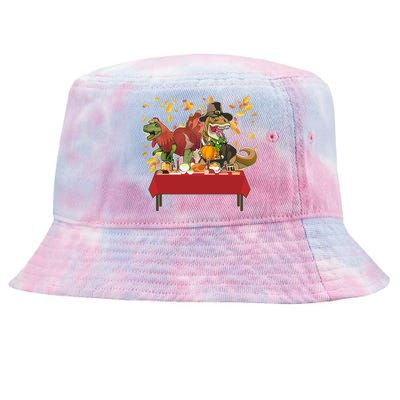 Turkey Pilgrim Dinosaurs T-Rex Funny Thanksgiving Tie-Dyed Bucket Hat