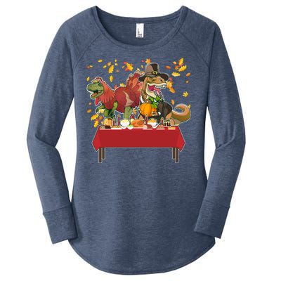 Turkey Pilgrim Dinosaurs T-Rex Funny Thanksgiving Women's Perfect Tri Tunic Long Sleeve Shirt