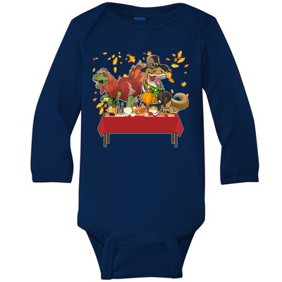 Turkey Pilgrim Dinosaurs T-Rex Funny Thanksgiving Baby Long Sleeve Bodysuit