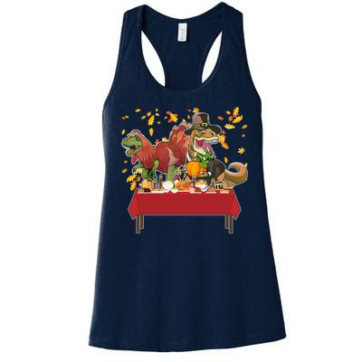 Turkey Pilgrim Dinosaurs T-Rex Funny Thanksgiving Women's Racerback Tank