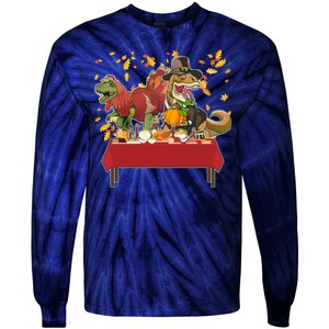 Turkey Pilgrim Dinosaurs T-Rex Funny Thanksgiving Tie-Dye Long Sleeve Shirt