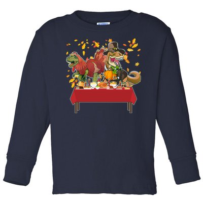 Turkey Pilgrim Dinosaurs T-Rex Funny Thanksgiving Toddler Long Sleeve Shirt