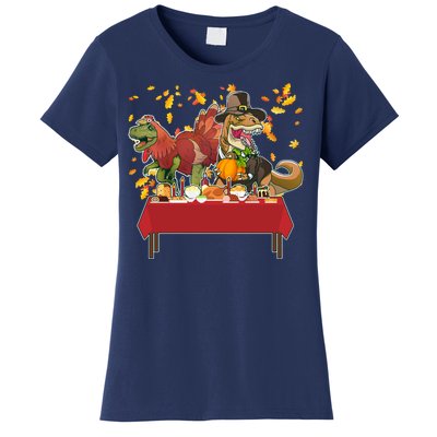 Turkey Pilgrim Dinosaurs T-Rex Funny Thanksgiving Women's T-Shirt