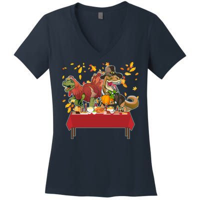 Turkey Pilgrim Dinosaurs T-Rex Funny Thanksgiving Women's V-Neck T-Shirt