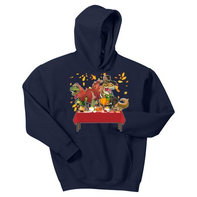 Turkey Pilgrim Dinosaurs T-Rex Funny Thanksgiving Kids Hoodie