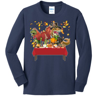 Turkey Pilgrim Dinosaurs T-Rex Funny Thanksgiving Kids Long Sleeve Shirt