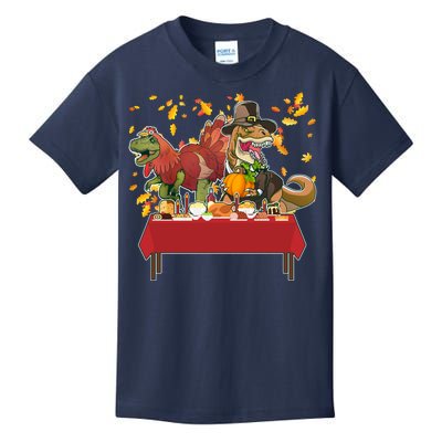 Turkey Pilgrim Dinosaurs T-Rex Funny Thanksgiving Kids T-Shirt