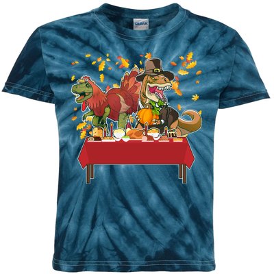 Turkey Pilgrim Dinosaurs T-Rex Funny Thanksgiving Kids Tie-Dye T-Shirt