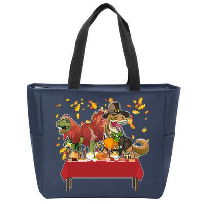 Turkey Pilgrim Dinosaurs T-Rex Funny Thanksgiving Zip Tote Bag