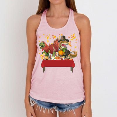 Turkey Pilgrim Dinosaurs T-Rex Funny Thanksgiving Women's Knotted Racerback Tank