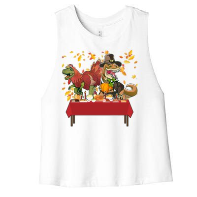 Turkey Pilgrim Dinosaurs T-Rex Funny Thanksgiving Women's Racerback Cropped Tank