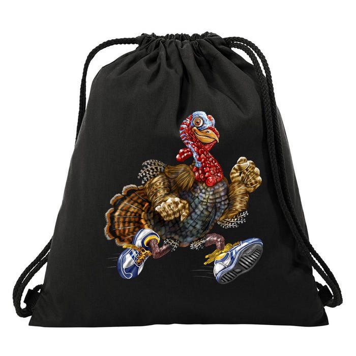 Turkey Running In Action Thanksgiving Drawstring Bag