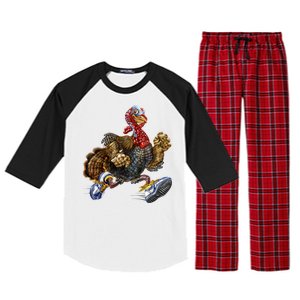 Turkey Running In Action Thanksgiving Raglan Sleeve Pajama Set