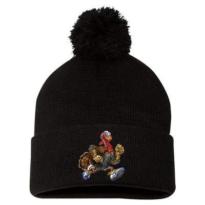 Turkey Running In Action Thanksgiving Pom Pom 12in Knit Beanie