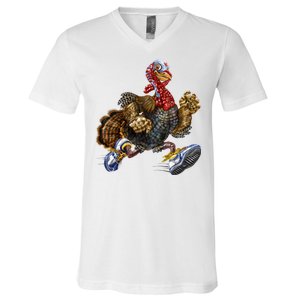 Turkey Running In Action Thanksgiving V-Neck T-Shirt