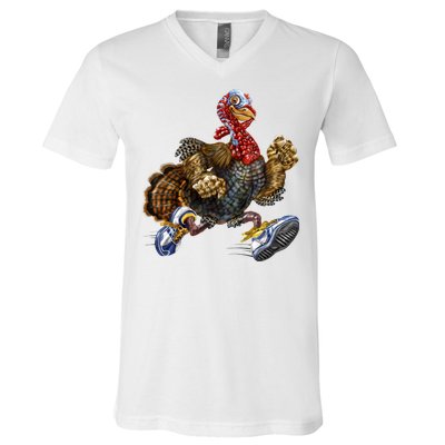 Turkey Running In Action Thanksgiving V-Neck T-Shirt