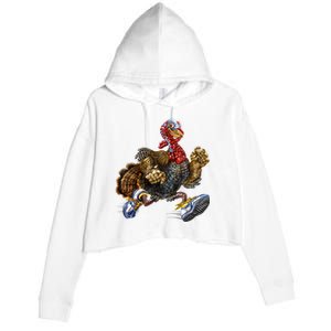 Turkey Running In Action Thanksgiving Crop Fleece Hoodie