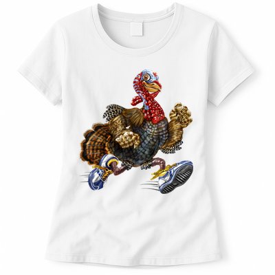 Turkey Running In Action Thanksgiving Womens T-Shirt
