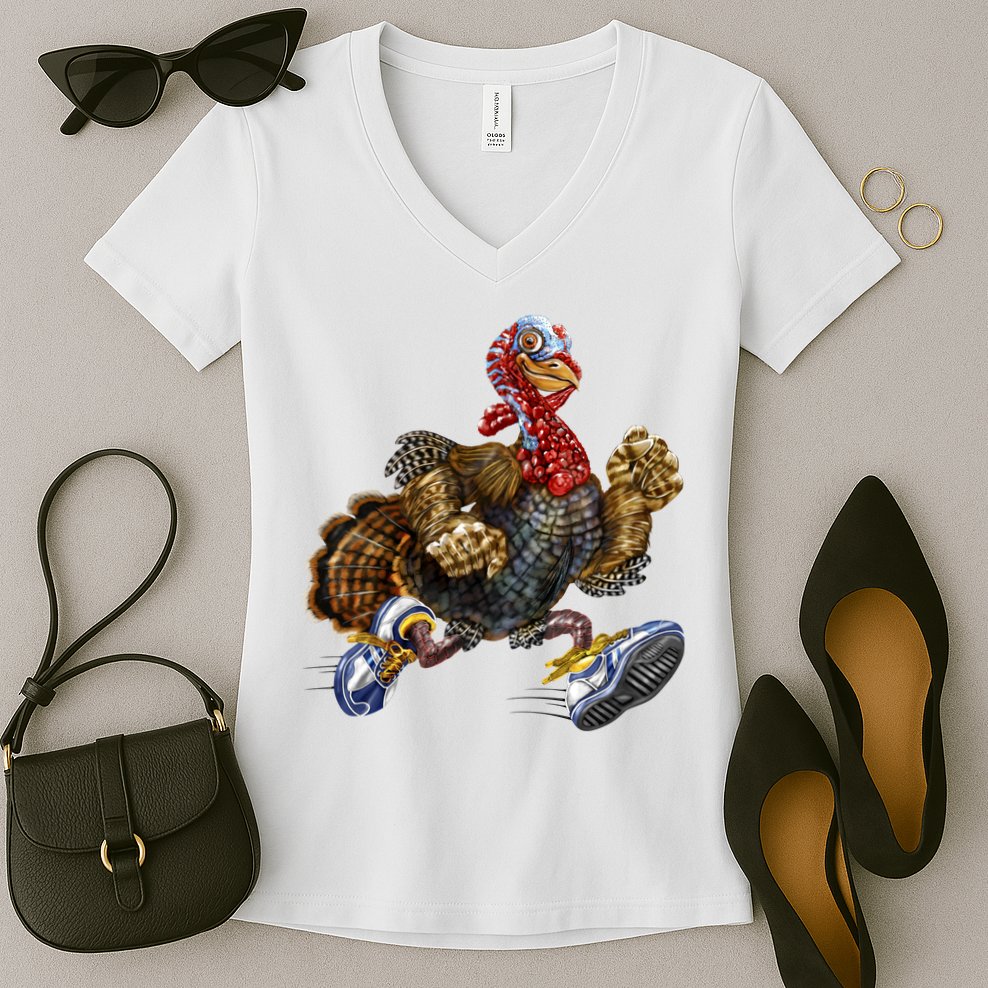 Turkey Running In Action Thanksgiving Women's V-Neck T-Shirt