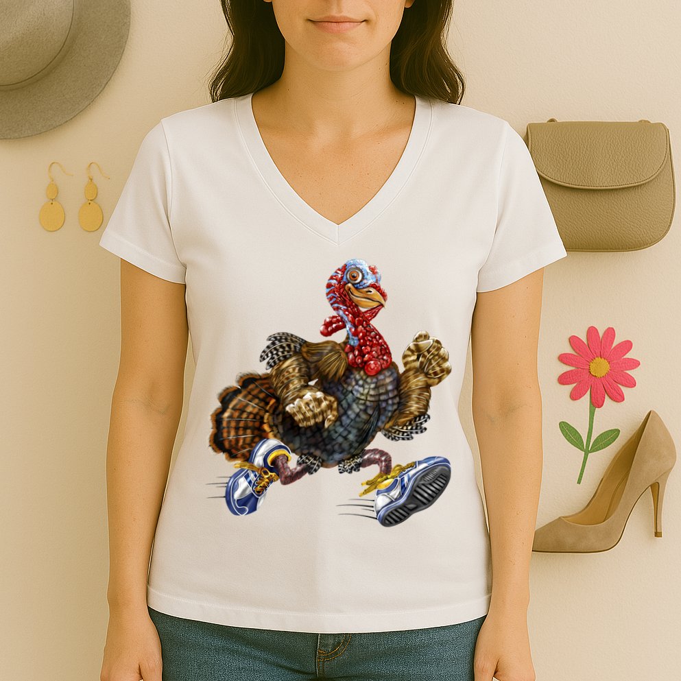 Turkey Running In Action Thanksgiving Women's V-Neck T-Shirt