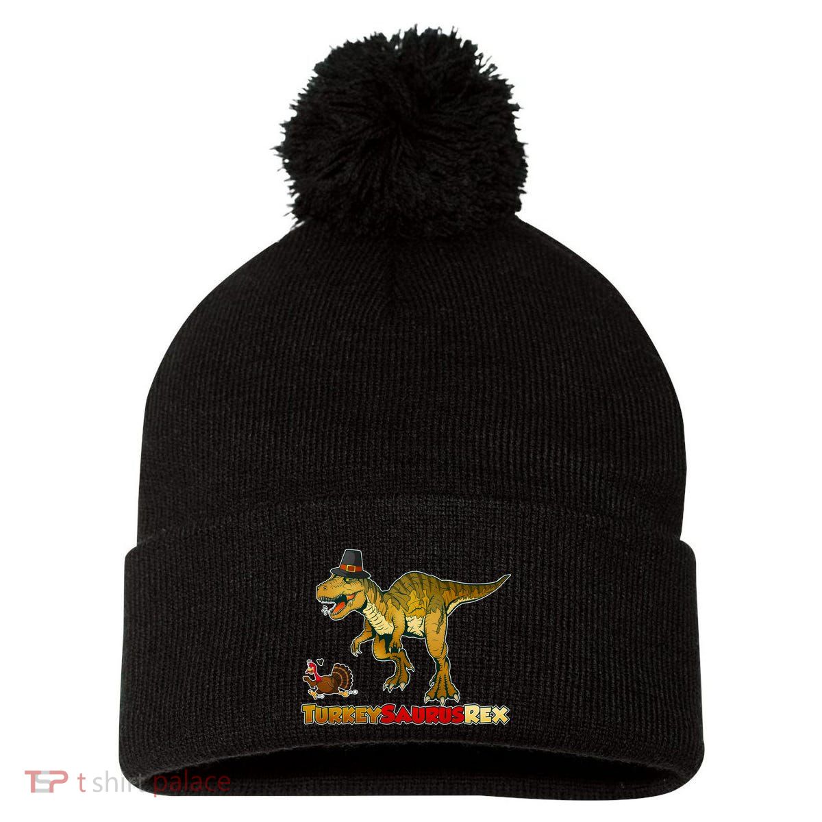 Turkeysaurus Rex T-Rex Thanksgiving Pom Pom 12in Knit Beanie