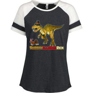 Turkeysaurus Rex T-Rex Thanksgiving Enza Ladies Jersey Colorblock Tee