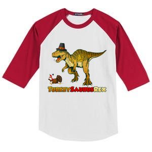 Turkeysaurus Rex T-Rex Thanksgiving Kids Colorblock Raglan Jersey