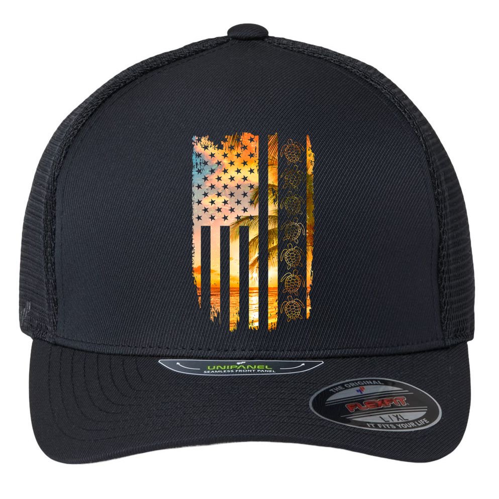 Turtle Sunset Beach Flag Flexfit Unipanel Trucker Cap