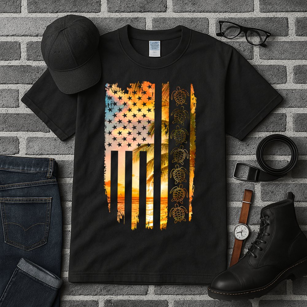 Turtle Sunset Beach Flag Tall T-Shirt