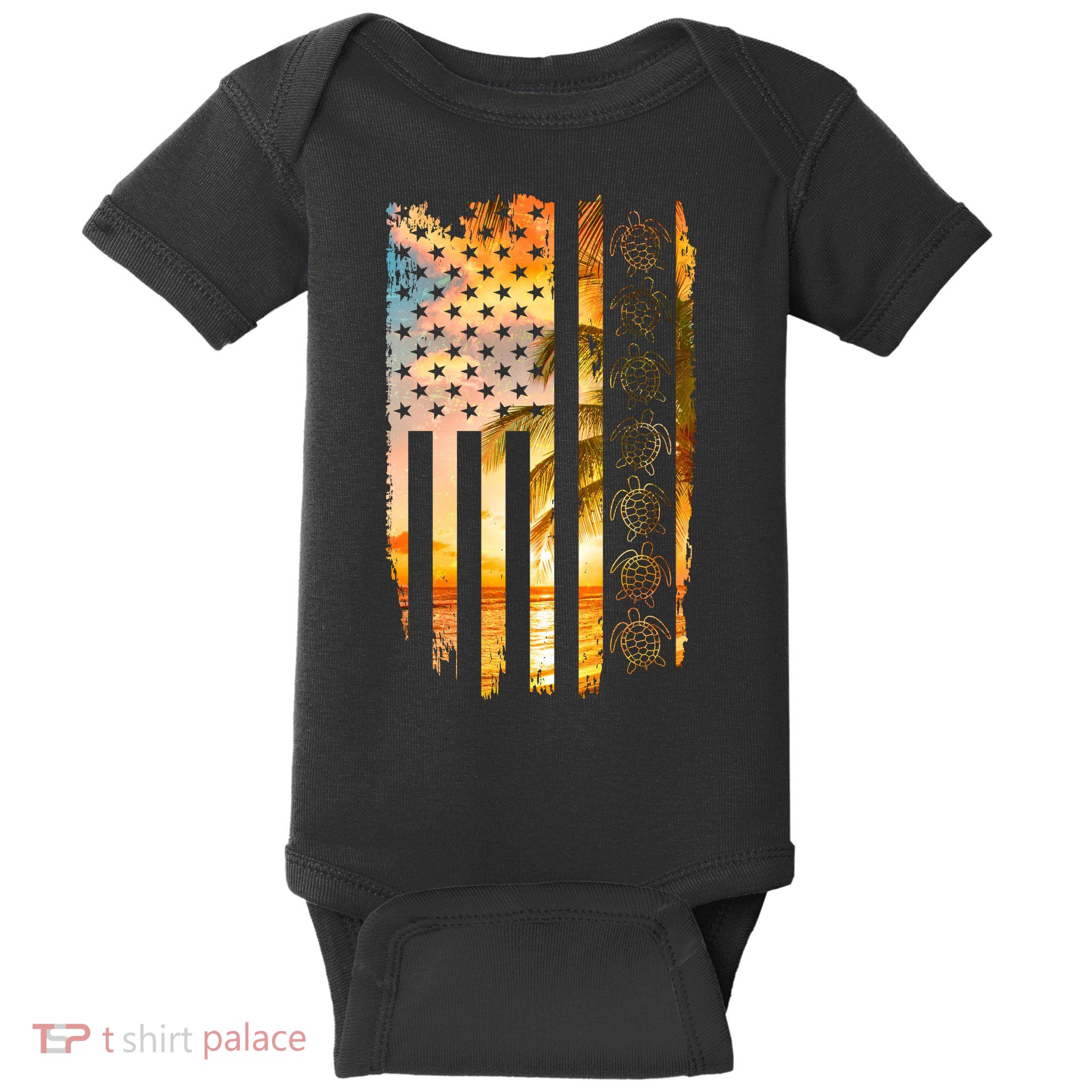 Turtle Sunset Beach Flag Baby Bodysuit