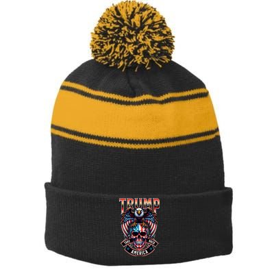 Trump Usa Skull Eagle Front And Back Logo Stripe Pom Pom Beanie