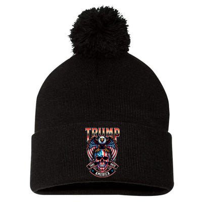 Trump Usa Skull Eagle Front And Back Logo Pom Pom 12in Knit Beanie