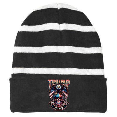 Trump Usa Skull Eagle Front And Back Logo Striped Beanie with Solid Band