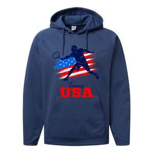 Tennis USA Support Team American Flag Tennis Sports Lover Premium Performance Fleece Hoodie