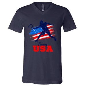 Tennis USA Support Team American Flag Tennis Sports Lover Premium V-Neck T-Shirt