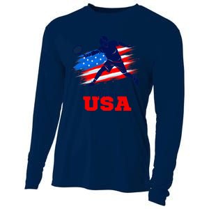 Tennis USA Support Team American Flag Tennis Sports Lover Premium Cooling Performance Long Sleeve Crew