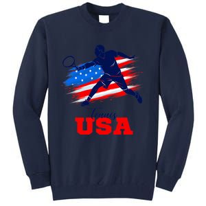 Tennis USA Support Team American Flag Tennis Sports Lover Premium Tall Sweatshirt