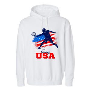 Tennis USA Support Team American Flag Tennis Sports Lover Premium Garment-Dyed Fleece Hoodie