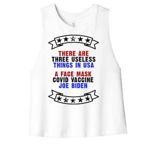 Three Useless Things In USA Face Vaccine Joe Biden Women's Racerback Cropped Tank